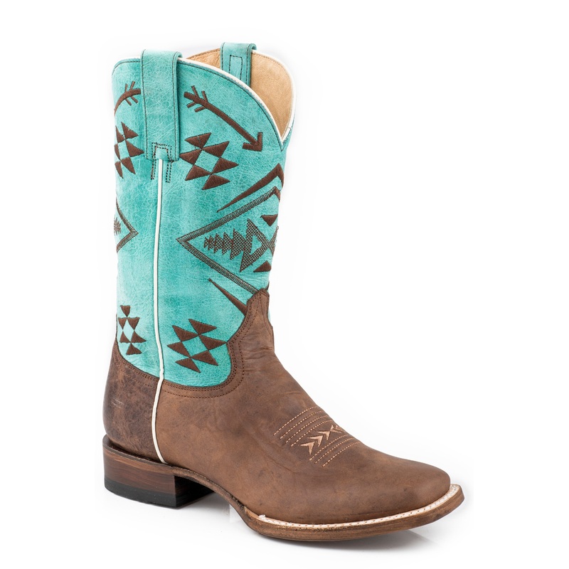 Womens Burnished Brown Leather Vamp Boot With Native Embroidered Turquoise Shaft 5 R