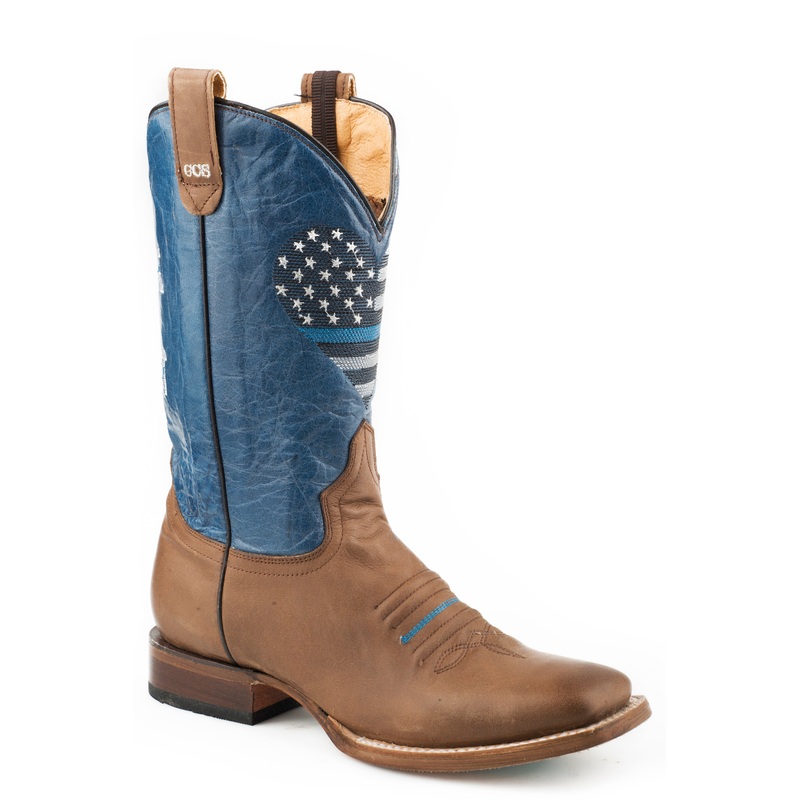 Womens Concealed Carry Leather Cowboy Boot Burnished Brown Vamp Marbled Blue Upper With Thin Blue Line Embroidery 5 R