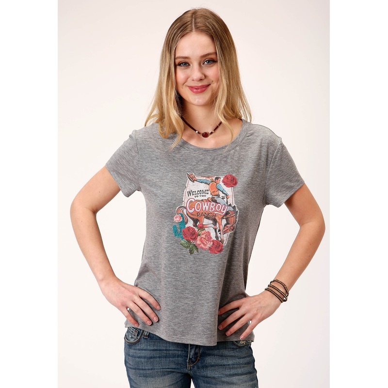 Womens Gray With Bronc Rider Screen Print Short Sleeve Knit Top XS