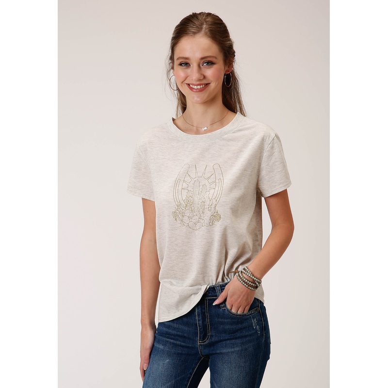 Womens Heather Oatmeal Short Sleeve Knit Top XS