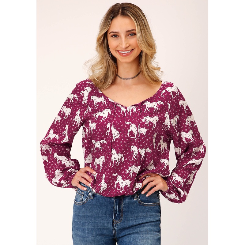 Womens Long Sleeve Horse Print Rayon Long Sleeve  Peasant Blouse XS