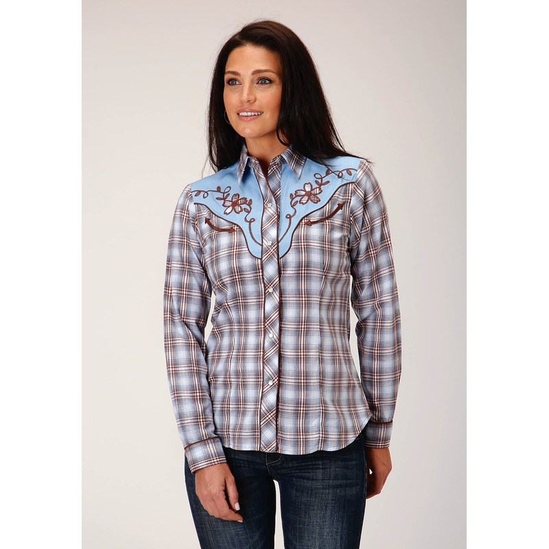 Womens Long Sleeve Snap Light Blue Chocolate White Plaid Western Shirt XS