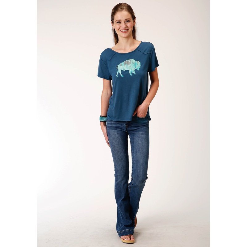 Womens Navy Blue Poly Rayon Swing Short Sleeve Knit Top XS