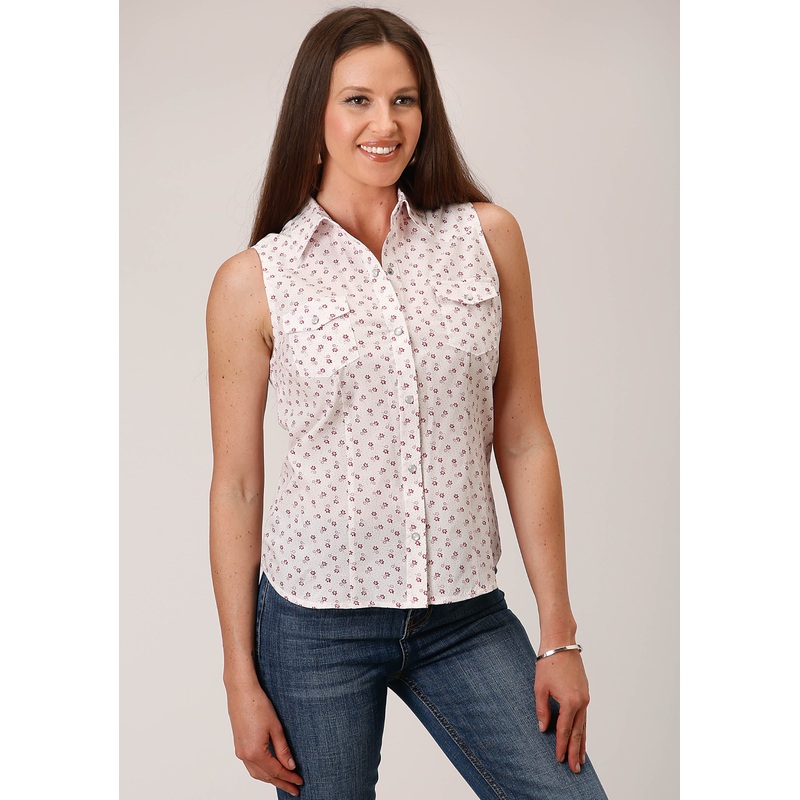Womens Sleeveless Snap White And Red Floral Print Western Shirt XS