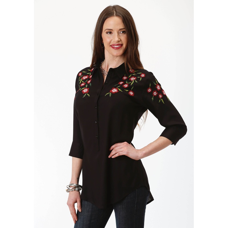 Womens Solid Black With Floral Embroidery Long Sleeve Western Shirt XS