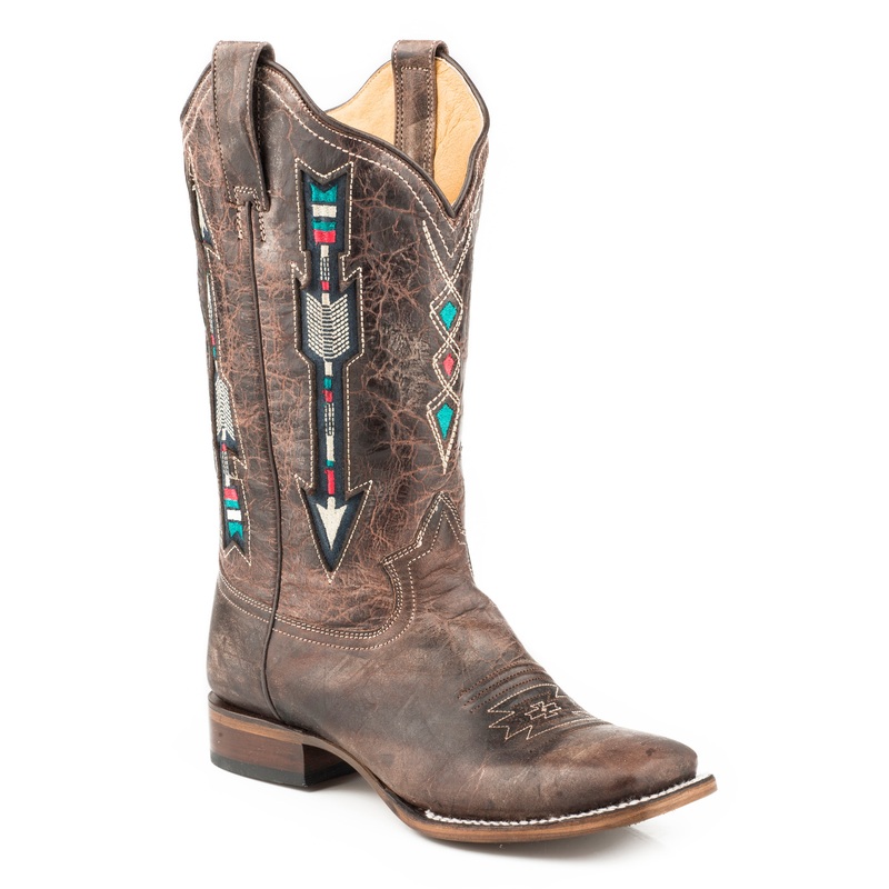 Womens Wide Calf Leather Cowboy Boot Waxy Brown With Embroidered Arrow Underlay Design 5 R