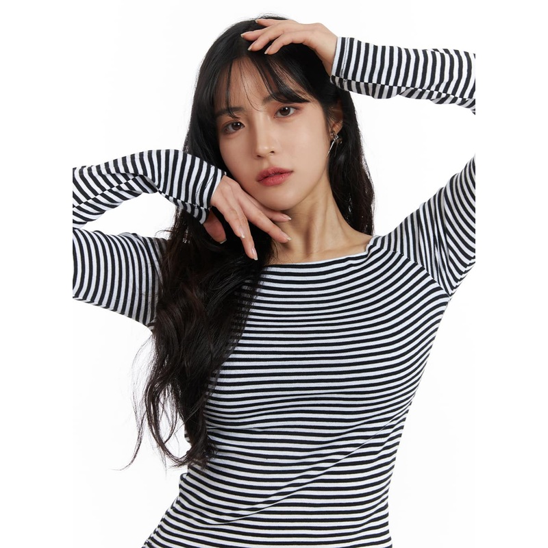 Boat Neck Stripe Tee OJ431 Black S/M