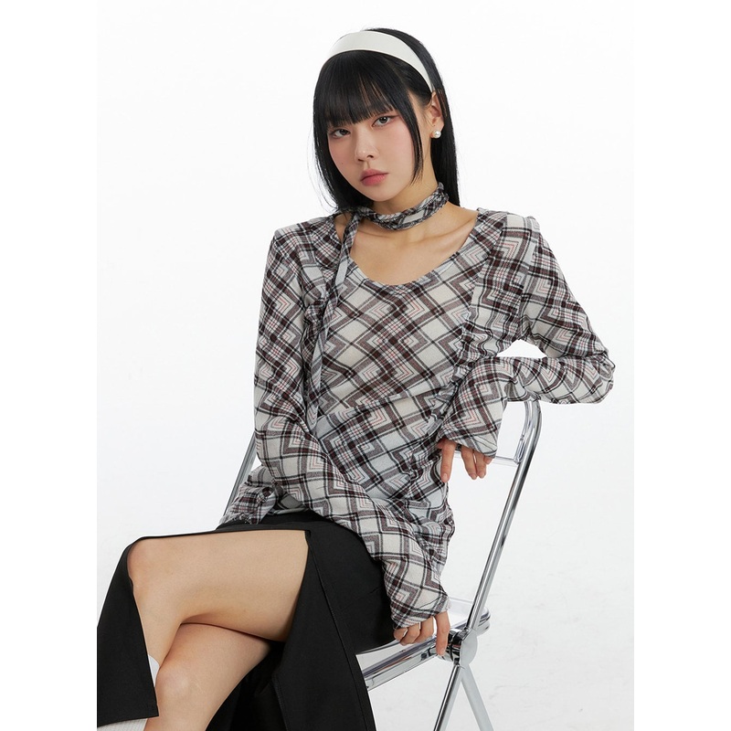 Check U-Neck Tee with Scarf IF402 White S/M