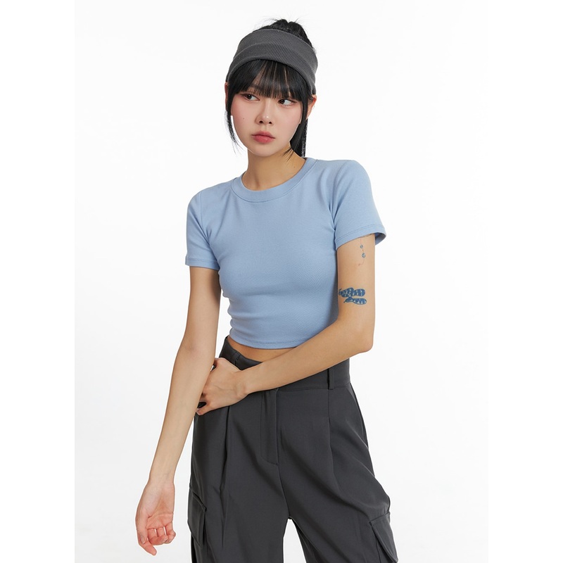 Crew Neck Slim Crop Top IF402 Light blue S/M