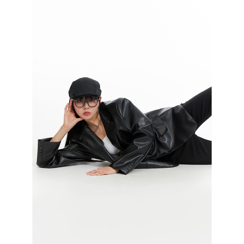 Faux Leather Polo Biker Jacket IF402 Black M/L