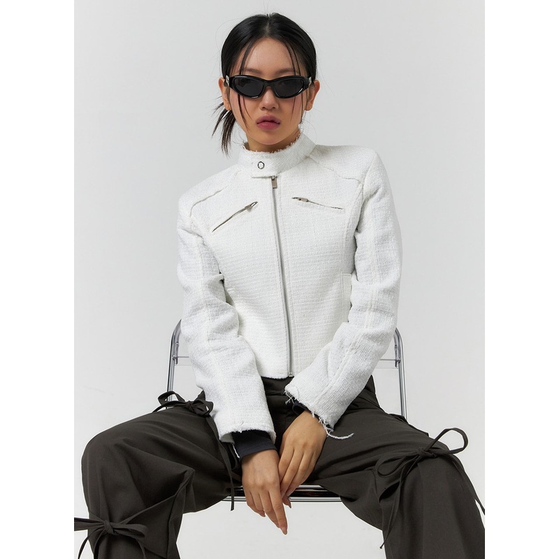 High Neck Tweed Zipper Biker Jacket CF401 White S/M