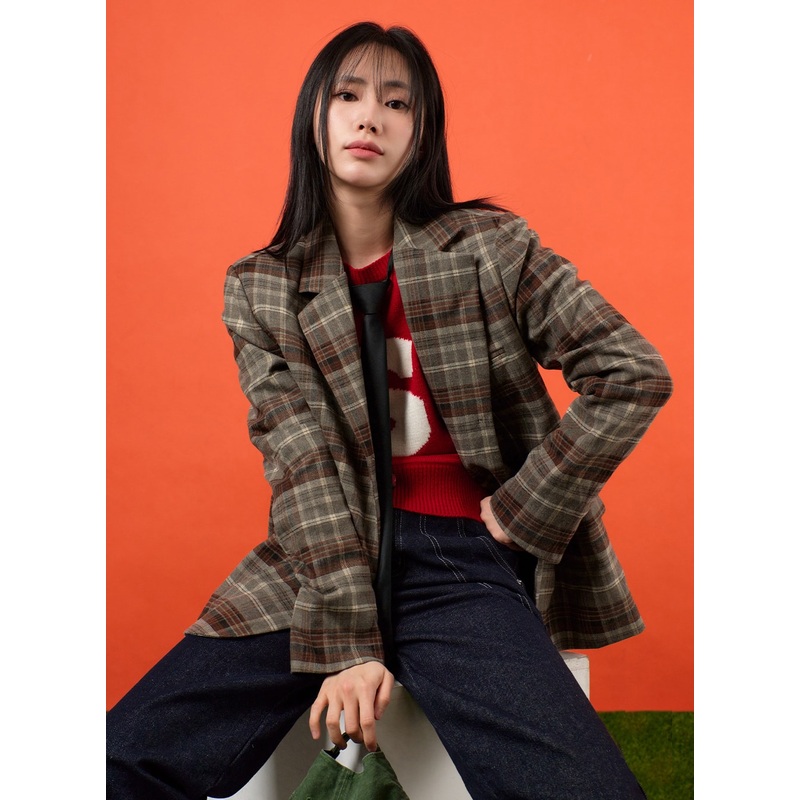 Vintage Oversized Checkered Blazer OF405 Brown S/M