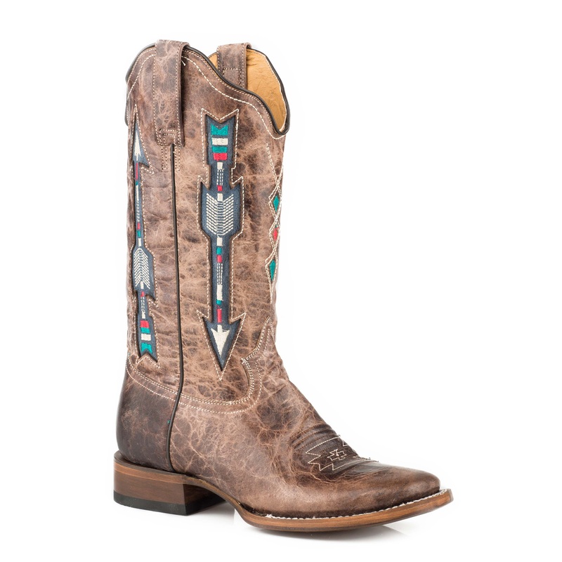 Womens Leather Cowboy Boot Waxy Brown With Embroidered Arrow Underlay Design 5 R