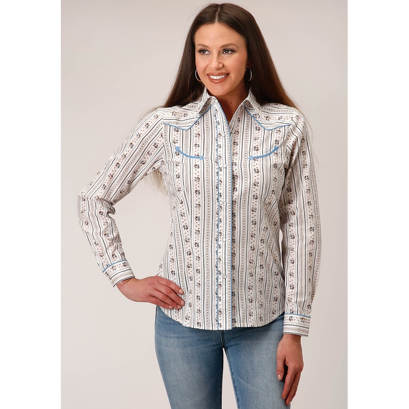 Womens Long Sleeve Snap Brown And Blue Wallpaper Stripe Western Shirt XS