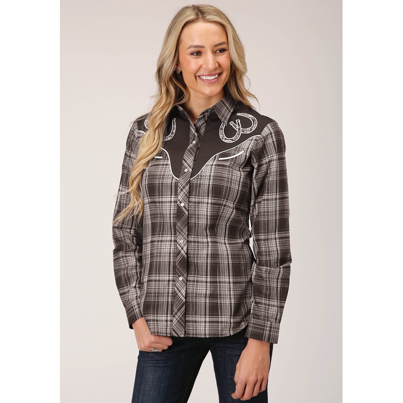 Womens Long Sleeve Snap Chocolate And Cream Plaid Western Shirt XS