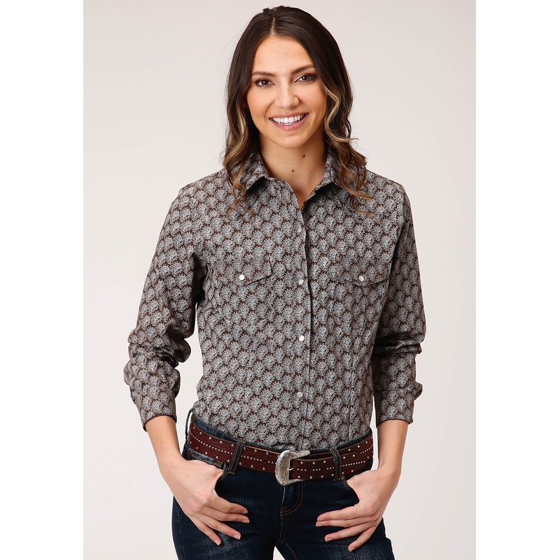 Womens Long Sleeve Snap Chocolate And Cream Tear Drop Print Western Shirt XS