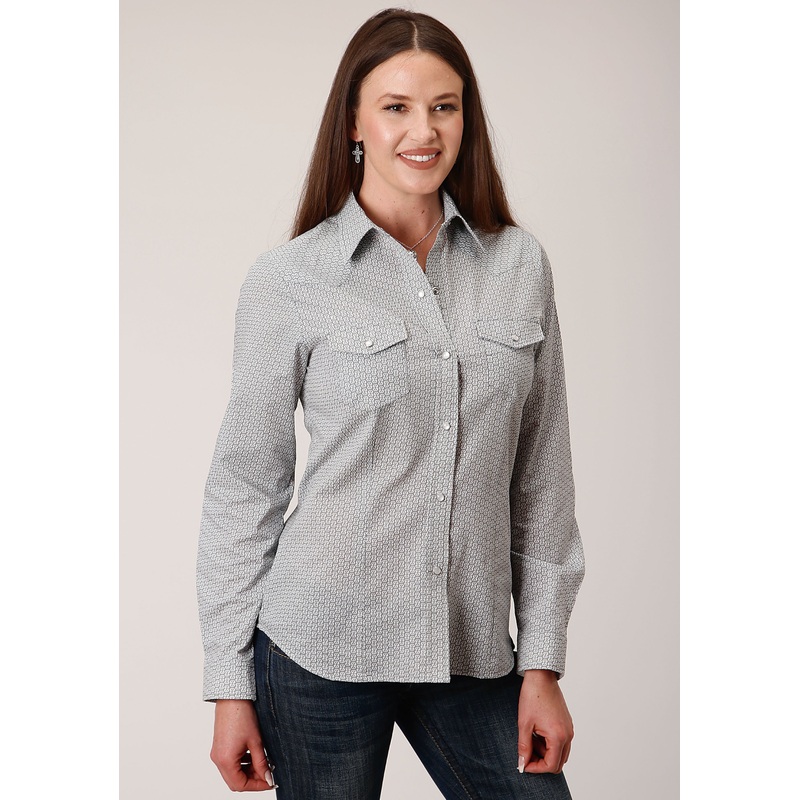 Womens Long Sleeve Snap Grey And White Print Western Shirt XS