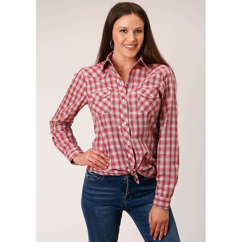 Womens Long Sleeve Snap Red And Multi Colored Small Scale Western Shirt XS