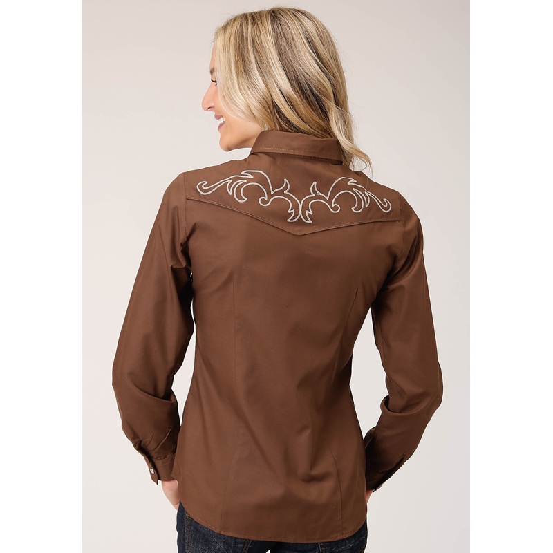 Womens Long Sleeve Snap Solid Warm Browm Broadcloth Western Shirt XS
