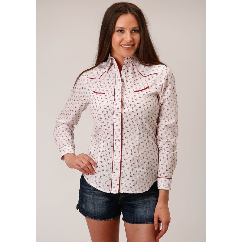 Womens Long Sleeve Snap White And Red Floral Print Western Shirt XS