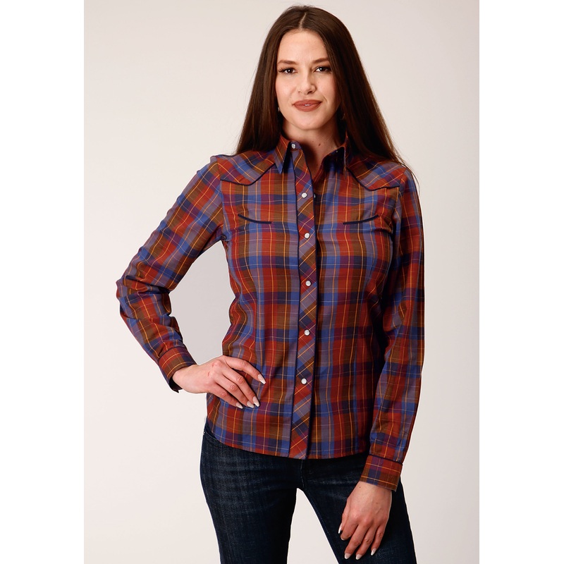 Womens Long Sleeve Snap Wine And Peri Windowpane Western Shirt XS
