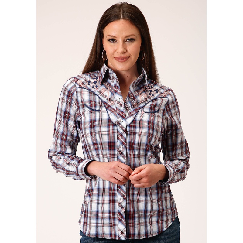 Womens Long Sleeve Snap Wine  Navy  And White Plaid Western Shirt XS