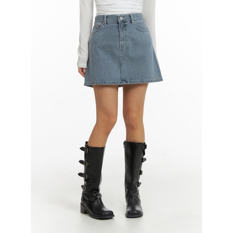 Denim Mid Waist Solid Skirt CJ429 Blue S