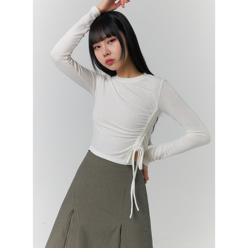 Drawstring Long Sleeve Round Neck Tee CJ419 Light beige S/M