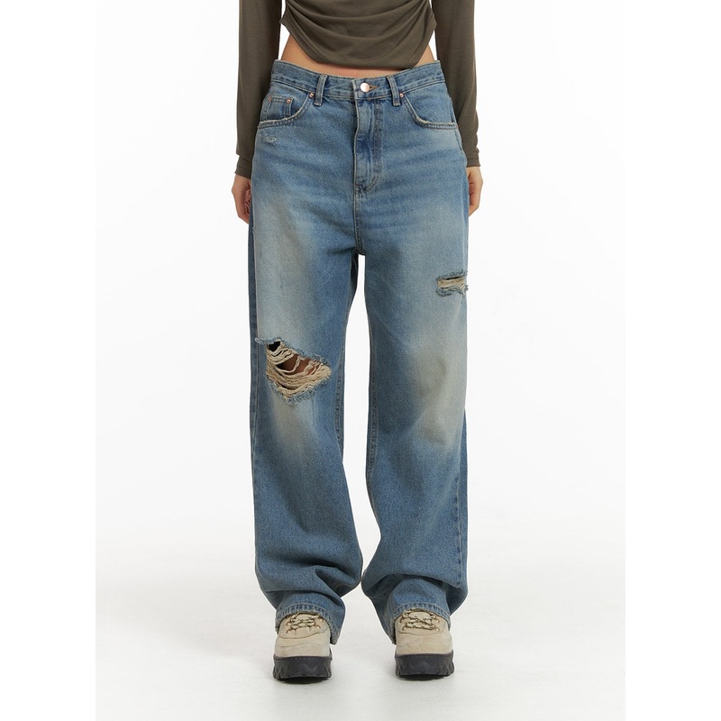 Ripped Washed Wide-Leg Jeans CJ426 Blue S