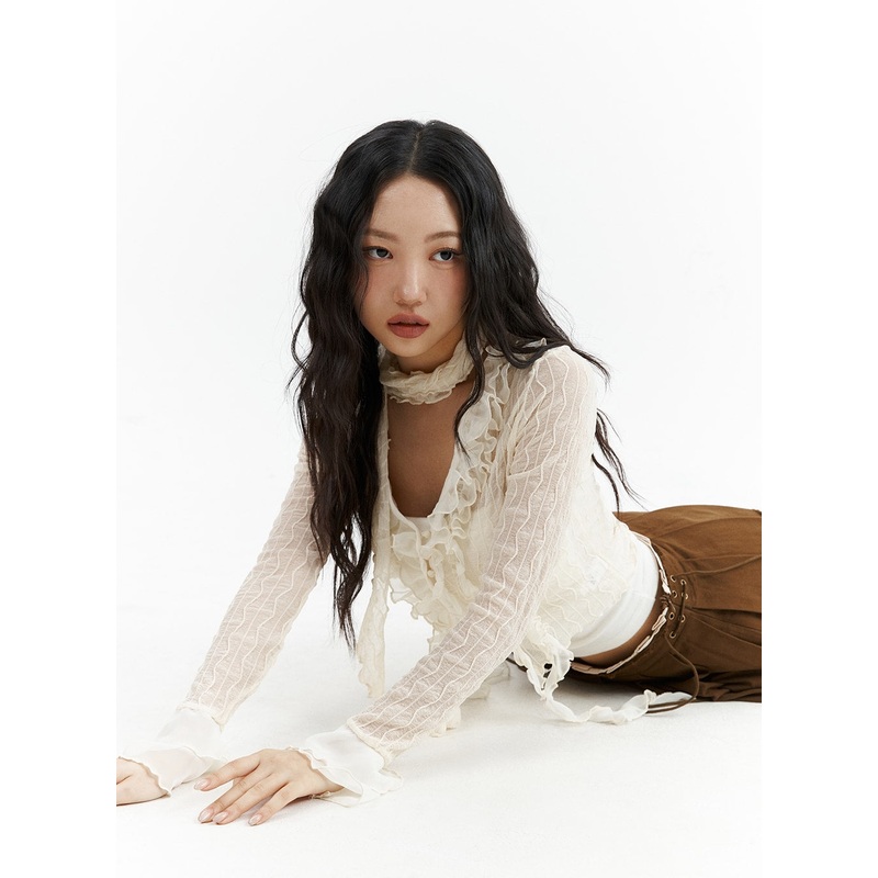 Ruffled Tie Front Cardigan CJ425 Light beige S/M