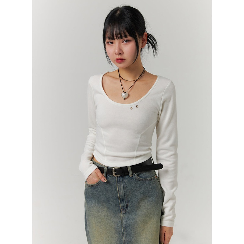 Slim U-Neck Crop Top CJ422 Light beige S/M