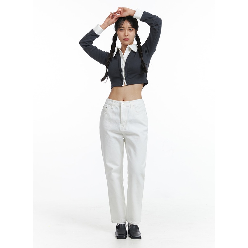 Solid Cotton Straight Pants OJ429 White S