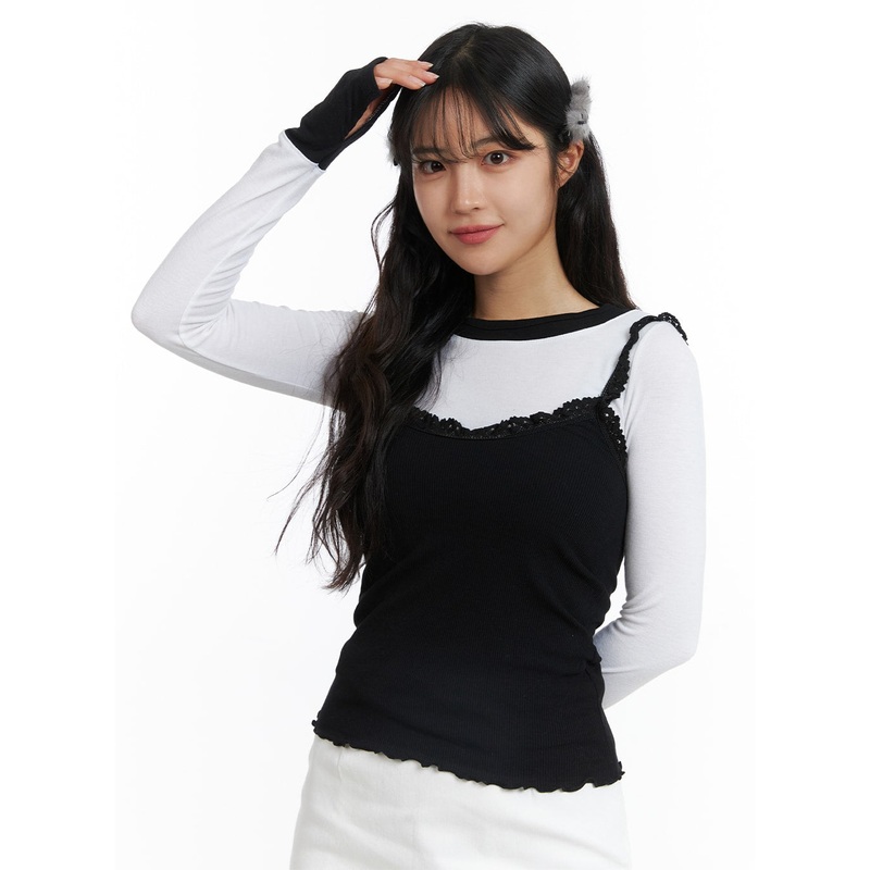 Solid Lace Trim Camisole Top OJ429 Black S/M