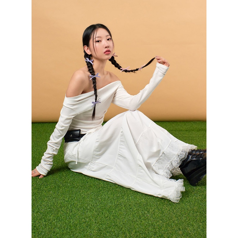 Solid Off-Shoulder Long Sleeve Top IJ430 White S/M