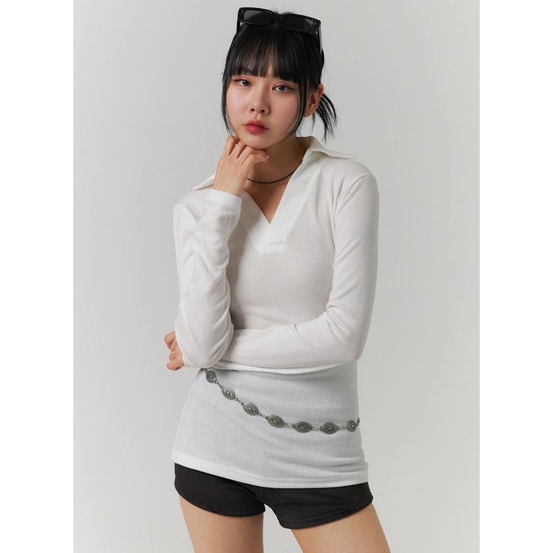 V-Neck Collar Long Sleeve Tee CJ419 Light beige S/M