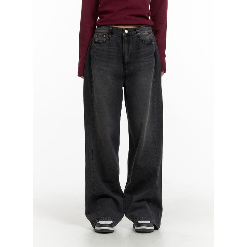 Washed Denim Wide-Leg Jeans CJ426 Black S