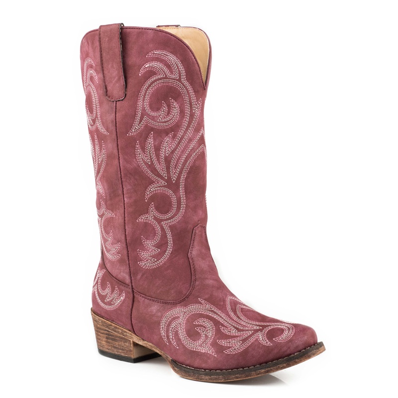 Womens Fashion Cowboy Boot Vintage Raspberry Faux Leather With Western Embroidery 5 R