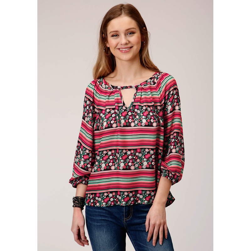 Womens Long Sleeve Floral Print Rayon Peasant Blouse XS