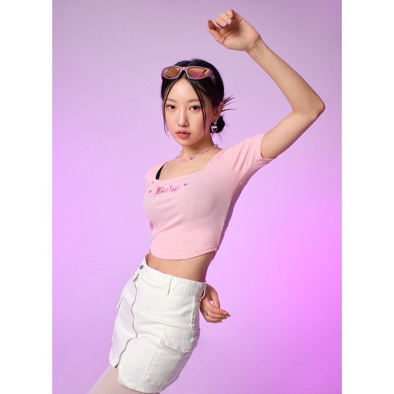 Y2K Square Neck Baby Crop Top IJ430 Pink S/M