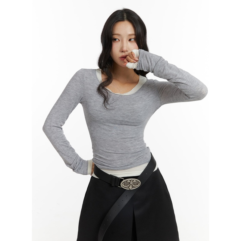 Casual U-Neck Long Sleeve Top CJ417 Gray S/M