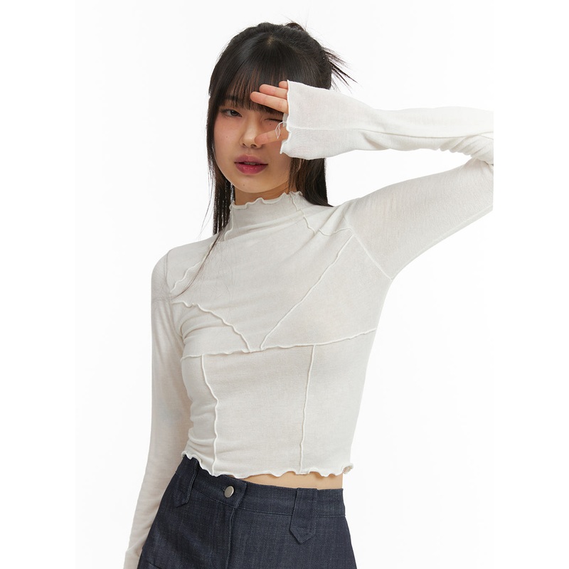 Contrasting Binding Turtleneck Long Sleeve Top CJ415 Light beige S/M