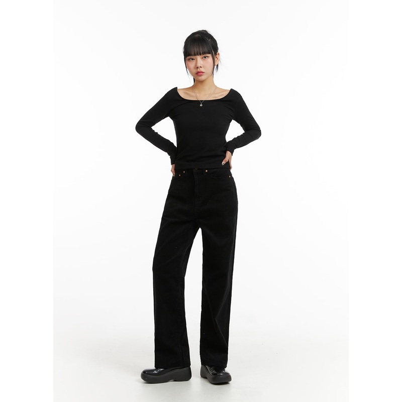 Cozy Solid Corduroy Straight Pants CJ412 Black S