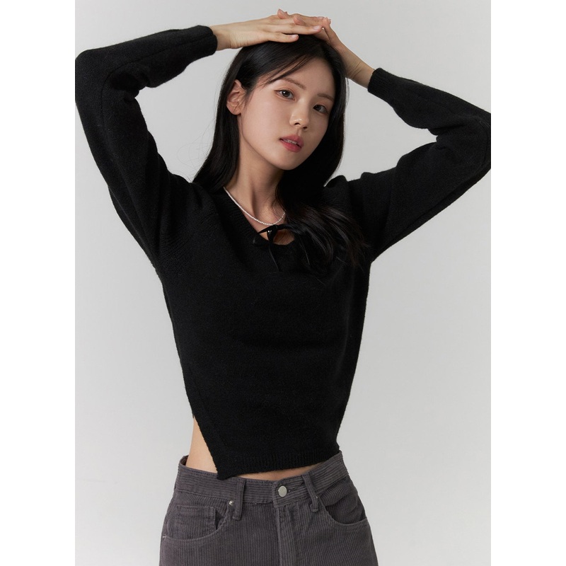 Crew Neck Slit Knit Sweater OJ418 Black S/M