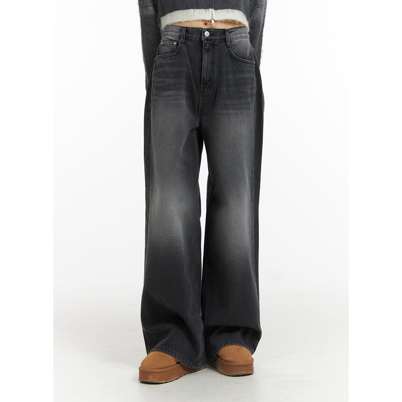 Denim Mid-Waist Pocket Wide Leg Jeans CJ415 Black S