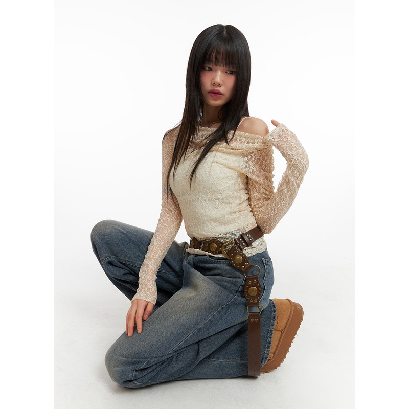 Lace Asymmetrical Floral Lace Long Sleeve Top CJ415 Light beige S/M