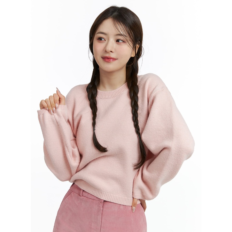 Round Neck Knitted Long Sleeve Sweater OJ415 Pink S/M