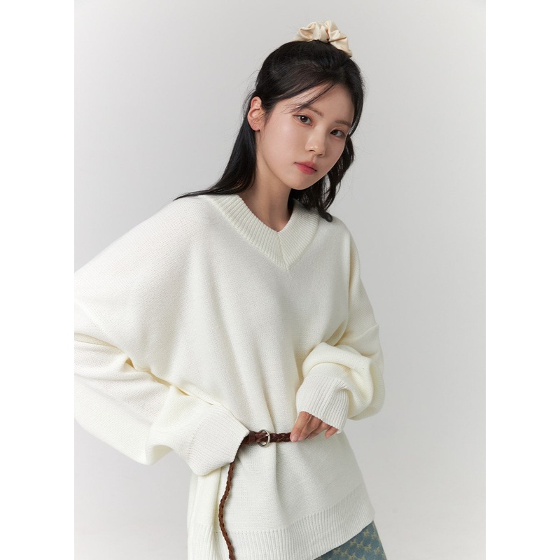 V-Neck Knitted Long Sleeve Sweater OJ419 Light beige M/L