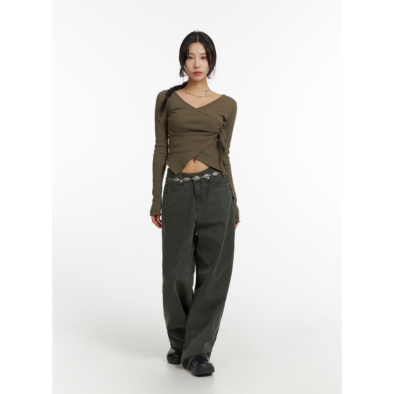 Washed Wide Fit Pants CJ416 Dark green S