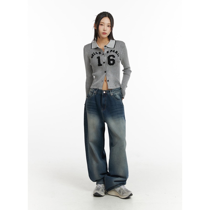 Washed Wide Leg Denim Jeans CJ418 Dark blue S