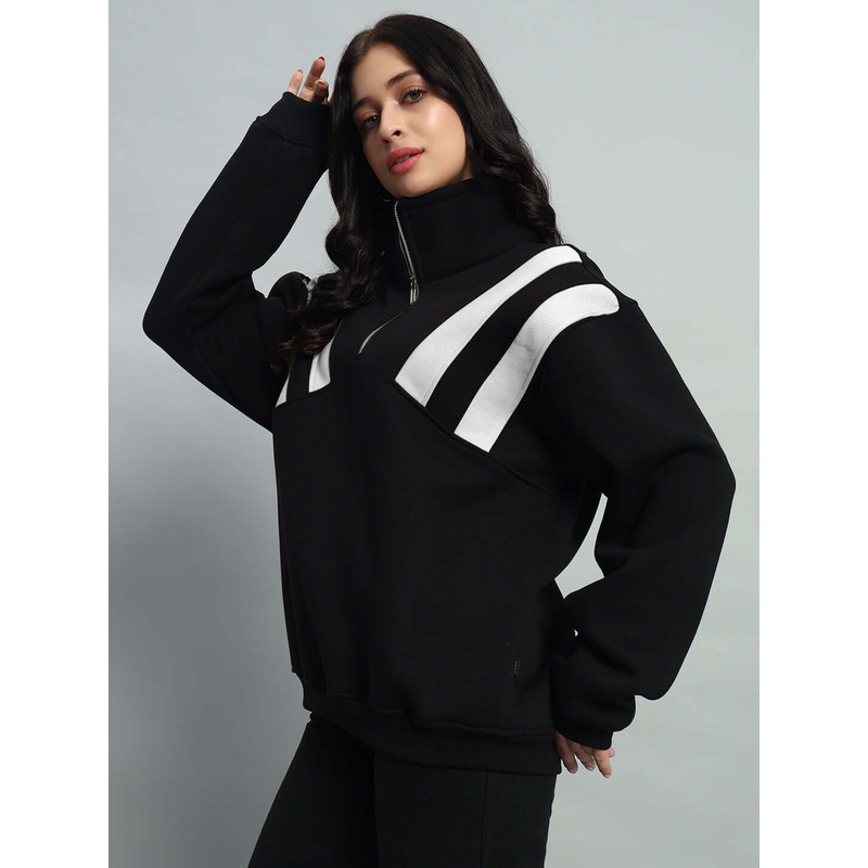 WOMEN CROSSBAR FLEECE COLORBLOCK JACKET BLACK WHITE XS